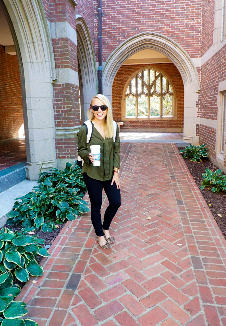 amy-littleson-from-i-believe-in-pink-wearing-madeline-and-company-backpack-green-tobi-blouse-and-leopard-flats-at-the-university-of-richmond-2