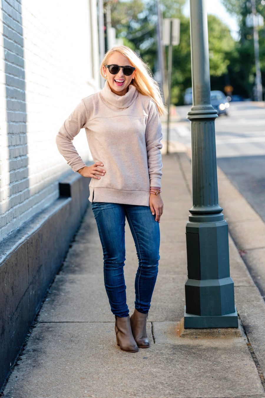 Nordstrom fleece turtleneck, booties, Balboa Bracelet, and round black sunglasses in Richmond, VA