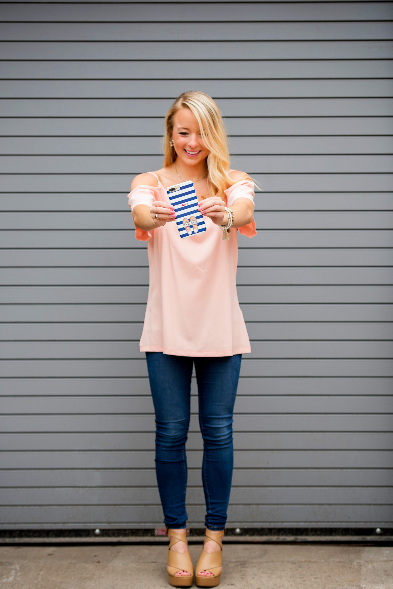 Amy from I Believe in Pink in Boohoo cold shoulders top, Minnie and Emma x Jack Rogers iPhone case and SUGARFIX earrings_