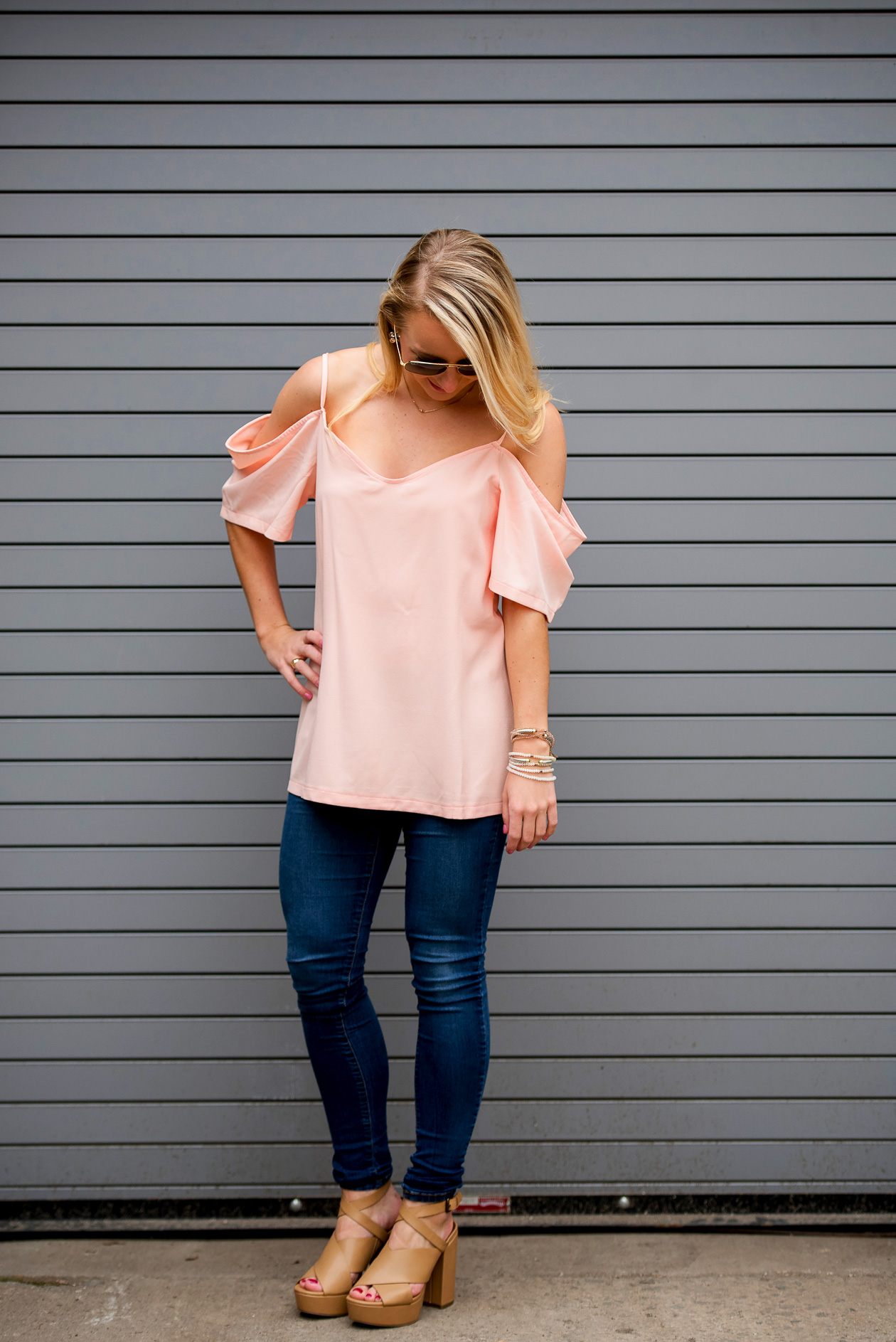 Amy from I Believe in Pink in Boohoo cold shoulders top, Minnie and Emma x Jack Rogers iPhone case and SUGARFIX earrings_