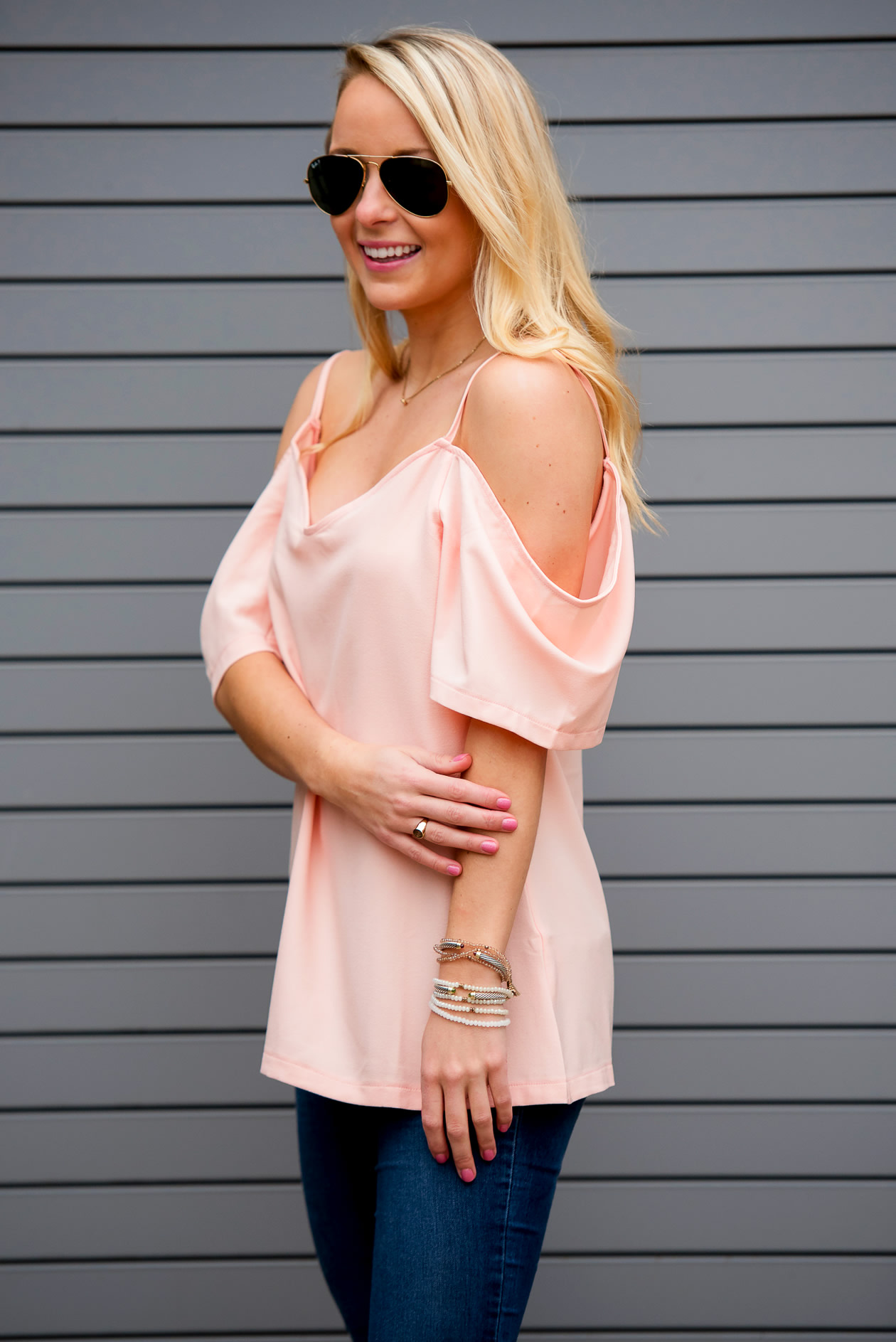 Amy from I Believe in Pink in Boohoo cold shoulders top, Minnie and Emma x Jack Rogers iPhone case and SUGARFIX earrings_