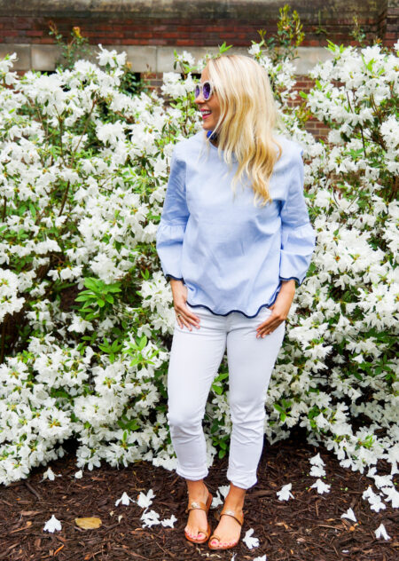 Blue and white scalloped top and bon bon earrings, Tory Burch sandals, DIFF eyewear_-9
