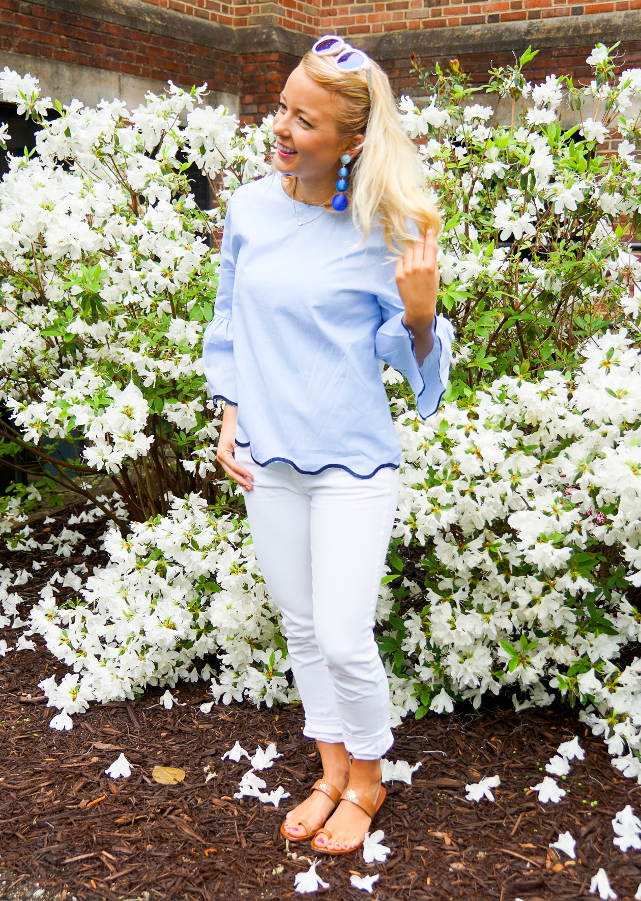 Blue and white scalloped top and bon bon earrings, Tory Burch sandals, DIFF eyewear_-9