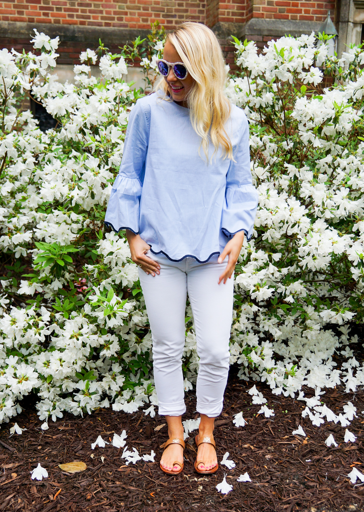 Blue and white scalloped top and bon bon earrings, Tory Burch sandals, DIFF eyewear_-9