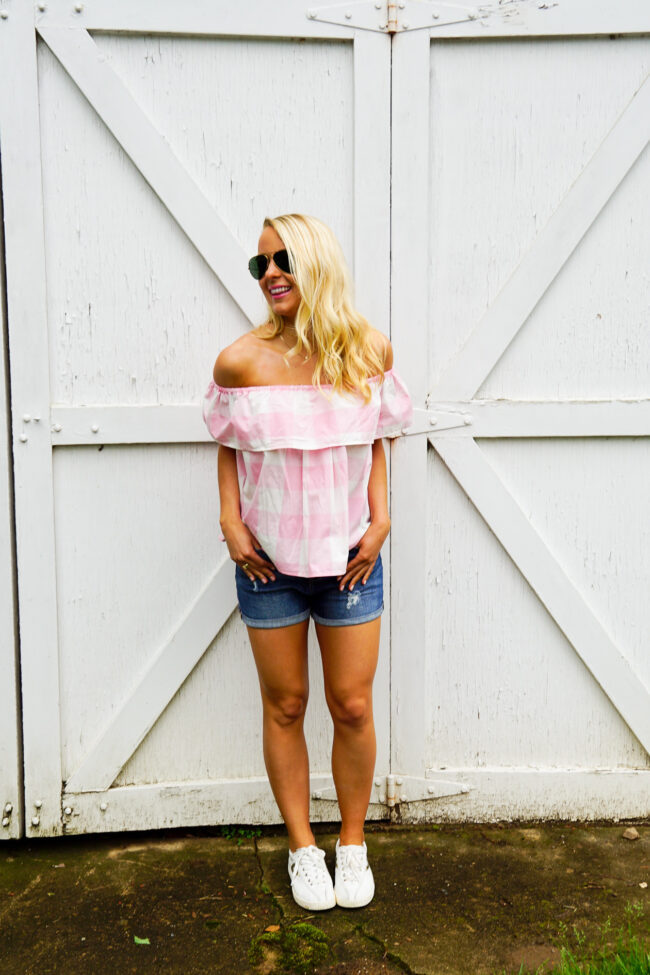 Lauren James buffalo check off the shoulder top for summer