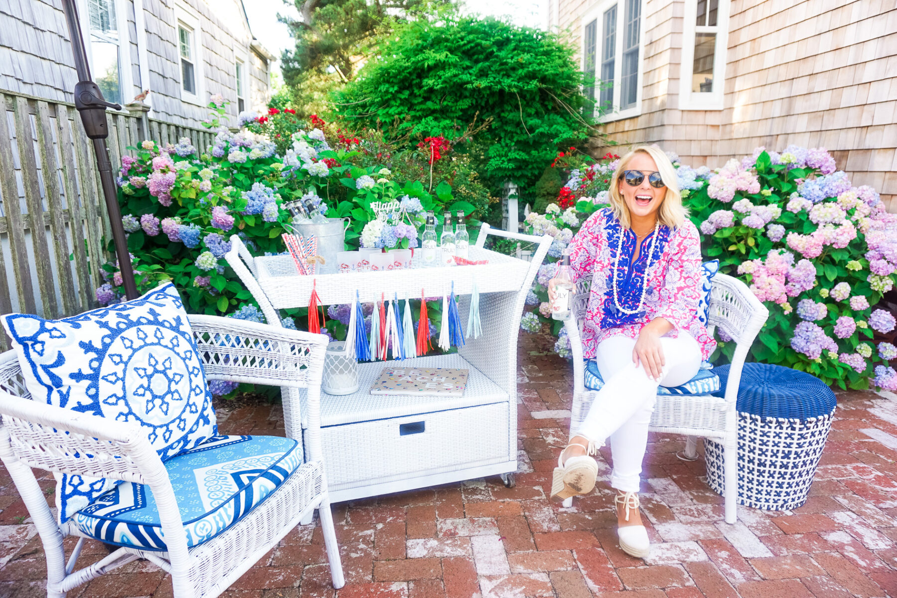4th of July party on the patio with a summer patriotic bar cart