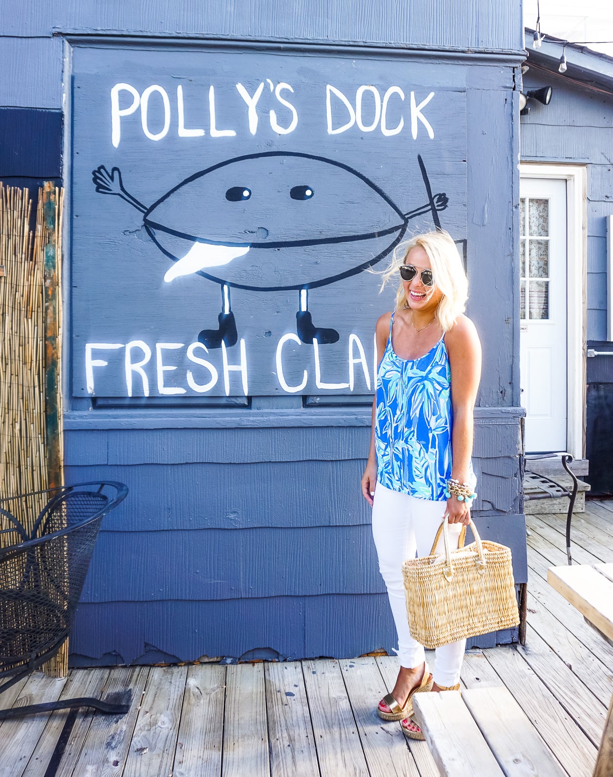 Coco and Duckie fiesta pom pom bracelet and Lilly Pulitzer tank top in Long Beach Island, NJ