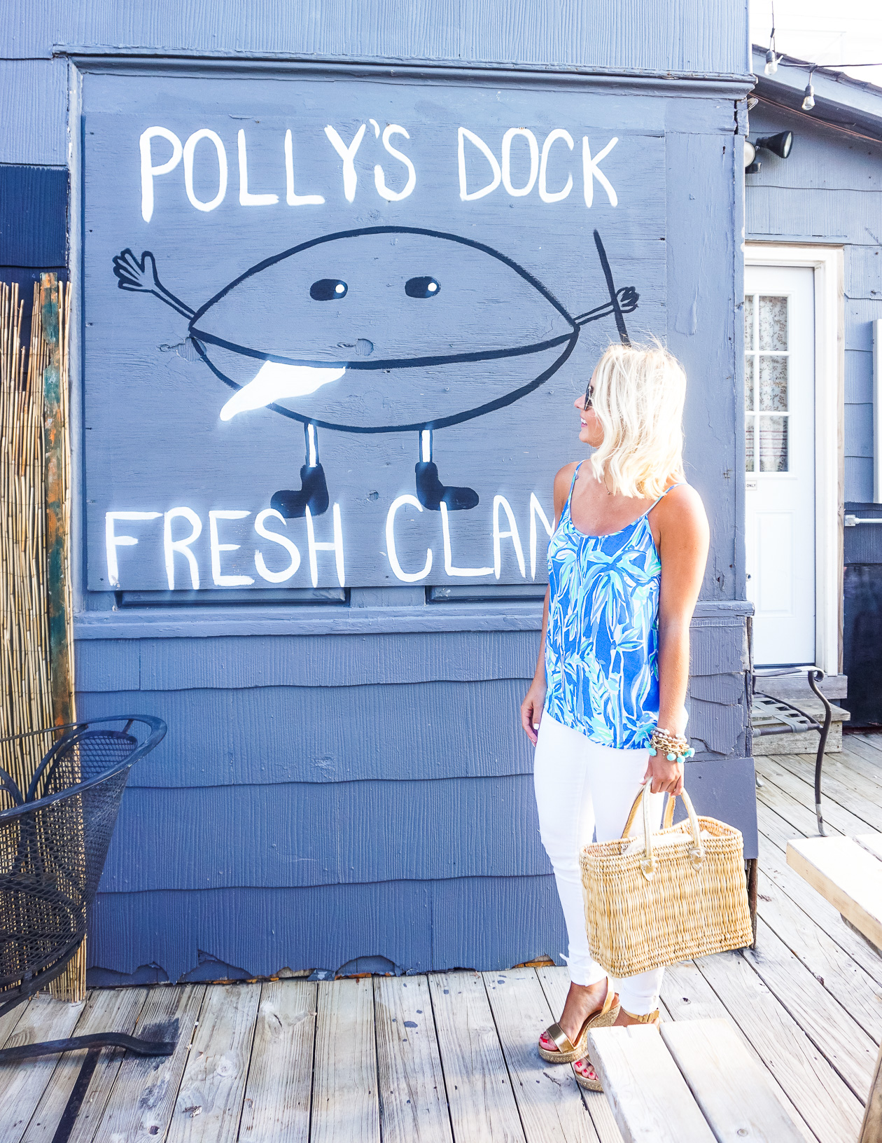 Coco and Duckie fiesta pom pom bracelet and Lilly Pulitzer tank top in Long Beach Island, NJ