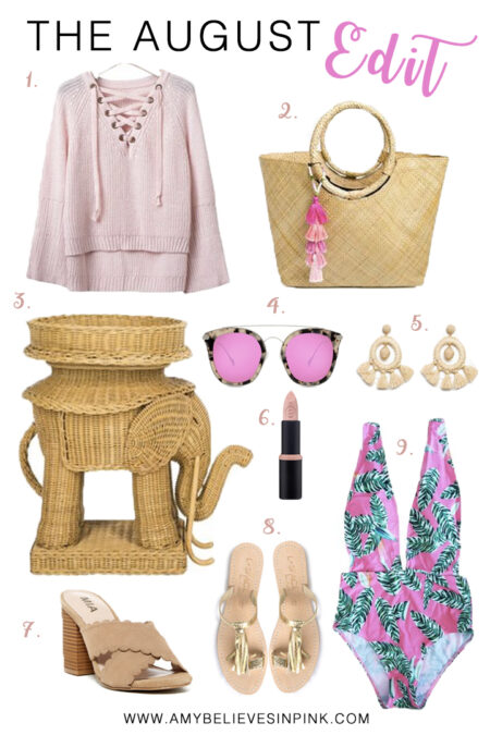 Straw tote, rattan elephant table, palm leaf bathingsuit, tassel sandals