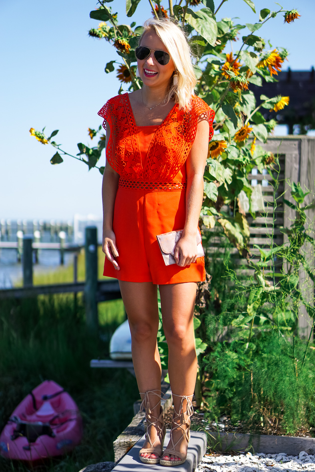 Orange lace Nordstrom romper with tassel lace up wedges
