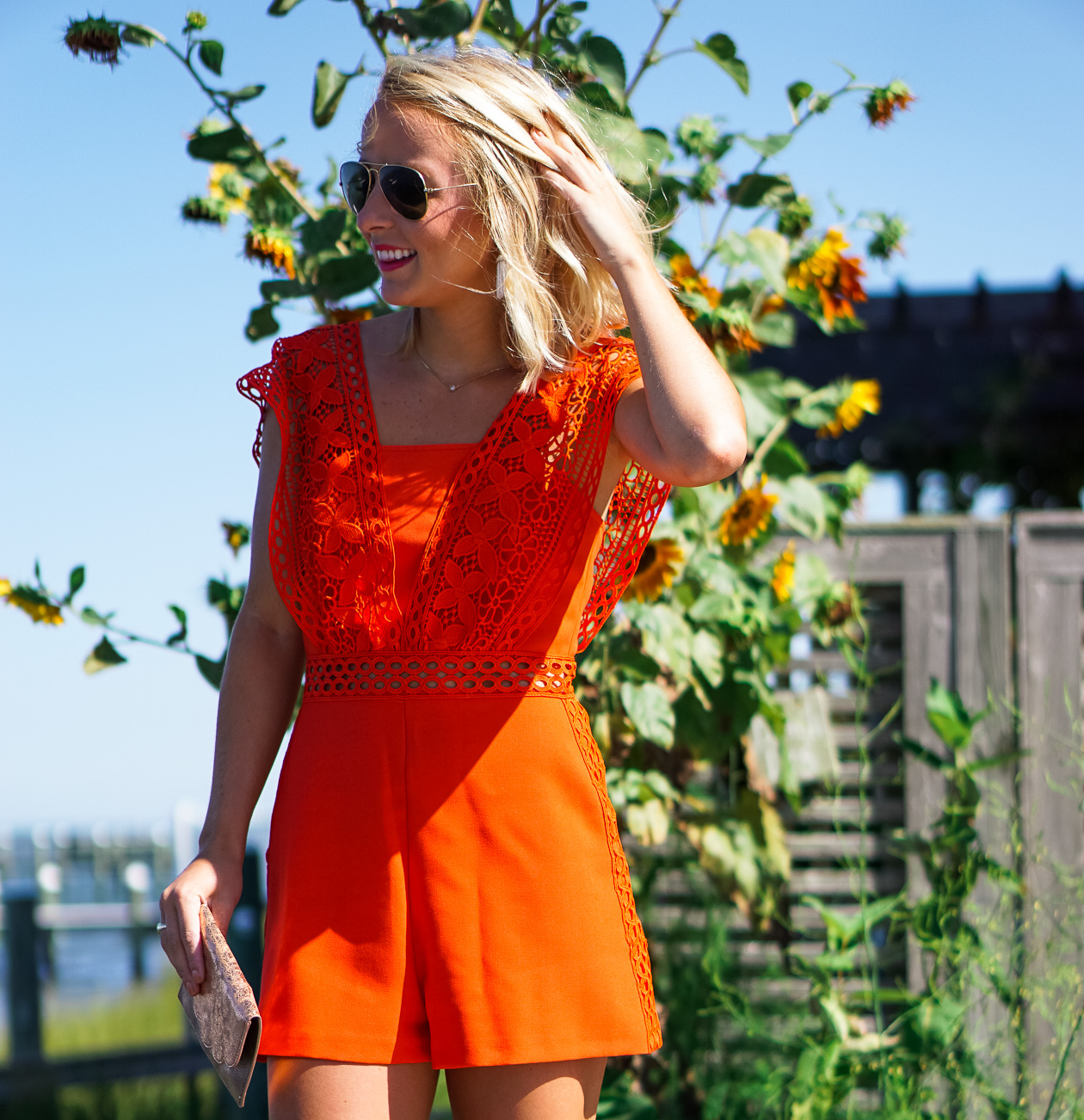 Orange lace Nordstrom romper with tassel lace up wedges