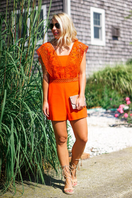 Orange lace Nordstrom romper with tassel lace up wedges