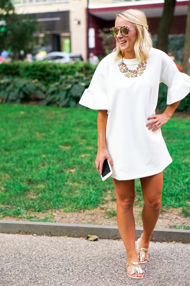 White Halogen ruffle dress and Diff tortoise sunglasses with J. Crew statement necklace
