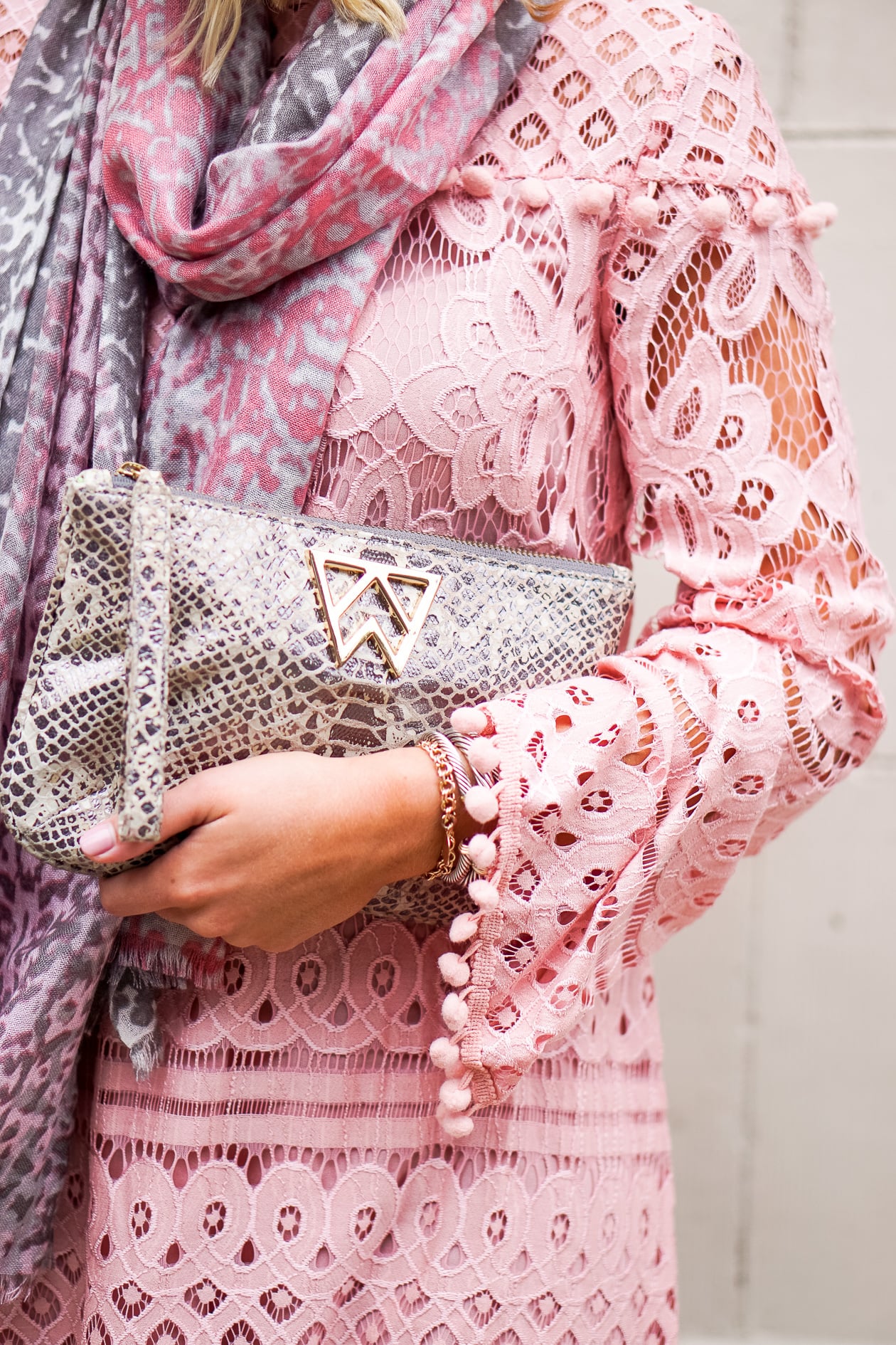 Lace pom pom dress with booties and leopard scarf