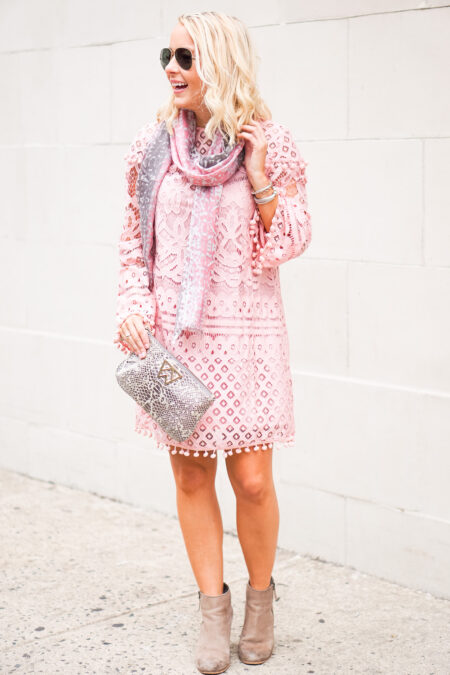 Lace pom pom dress with booties and leopard scarf