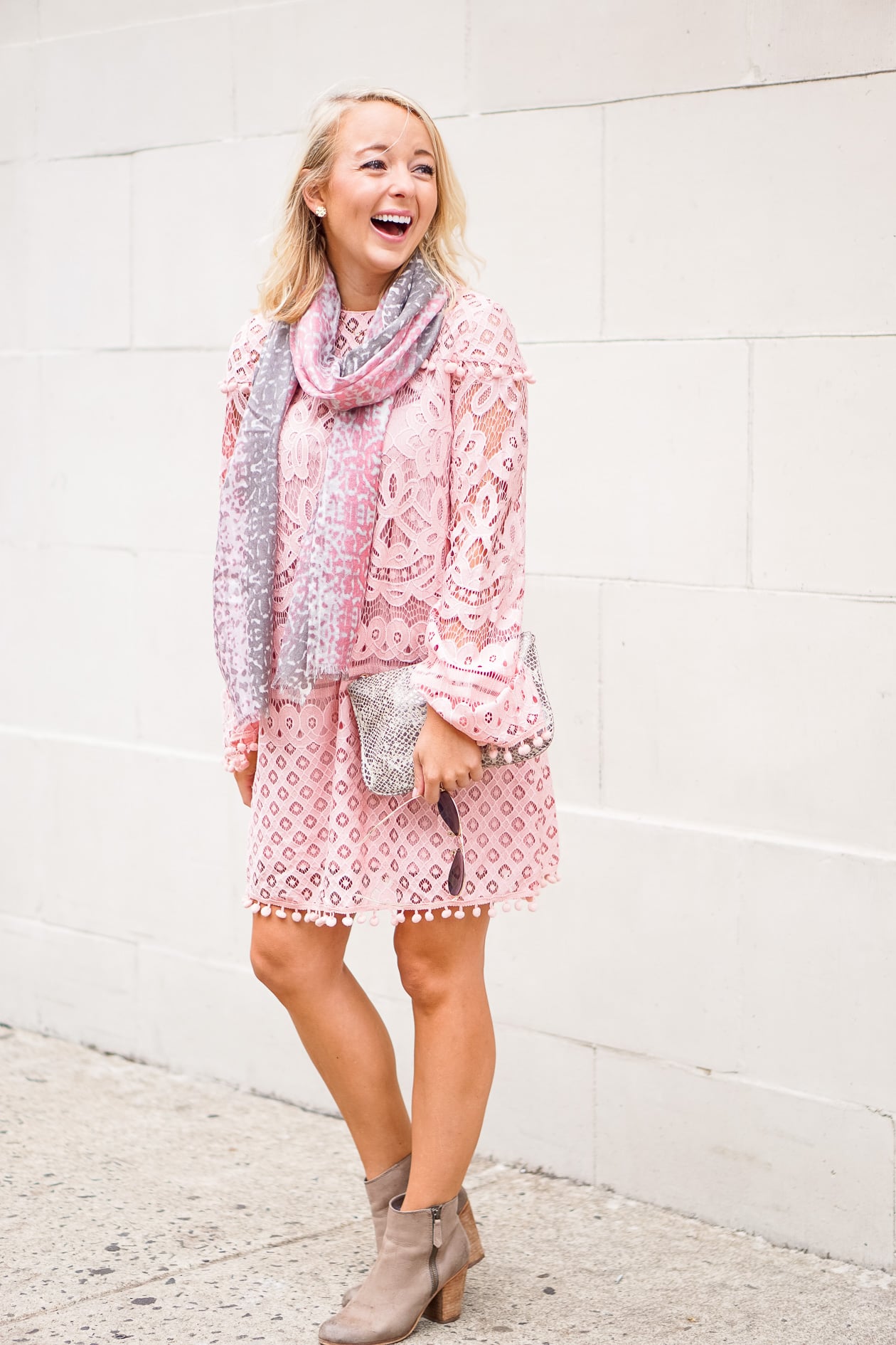 Lace pom pom dress with booties and leopard scarf