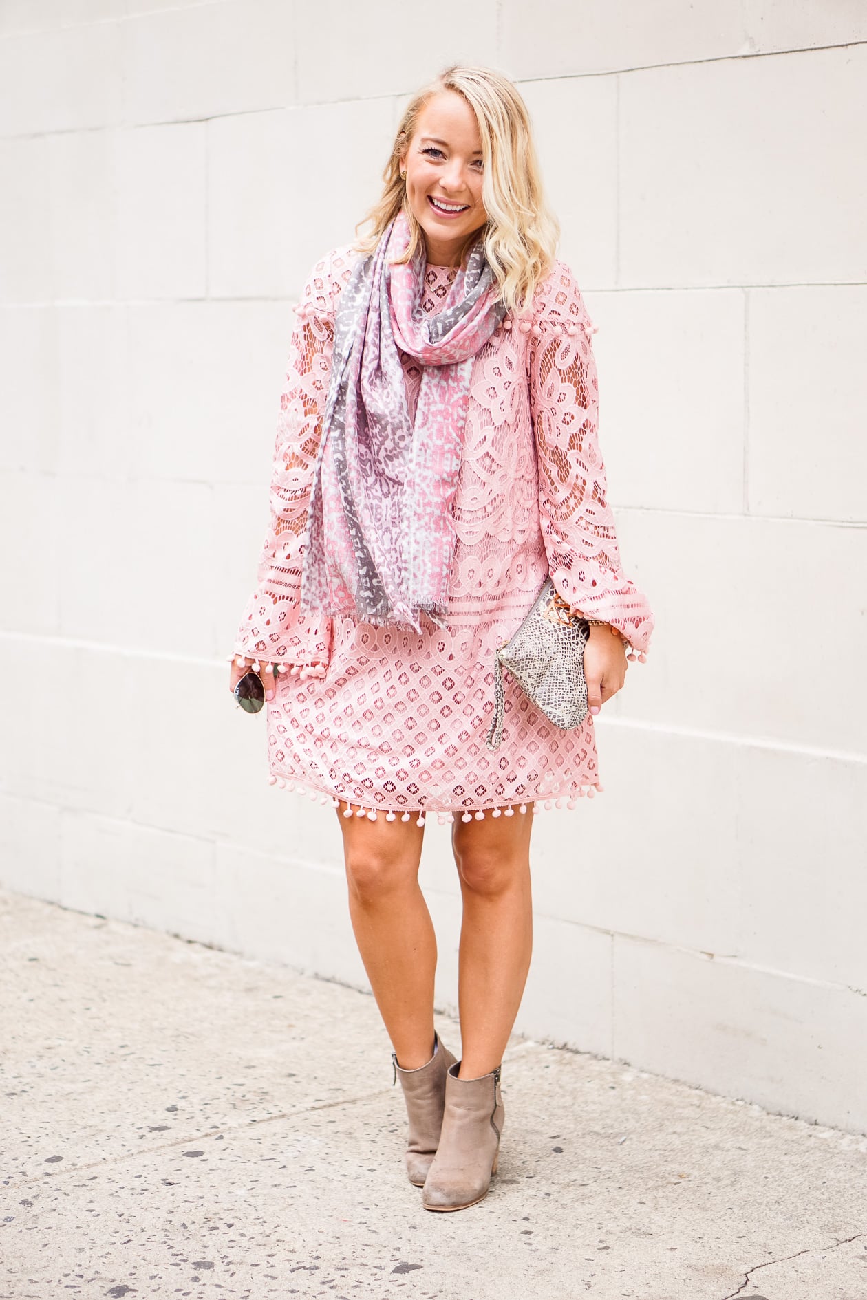 Lace pom pom dress with booties and leopard scarf