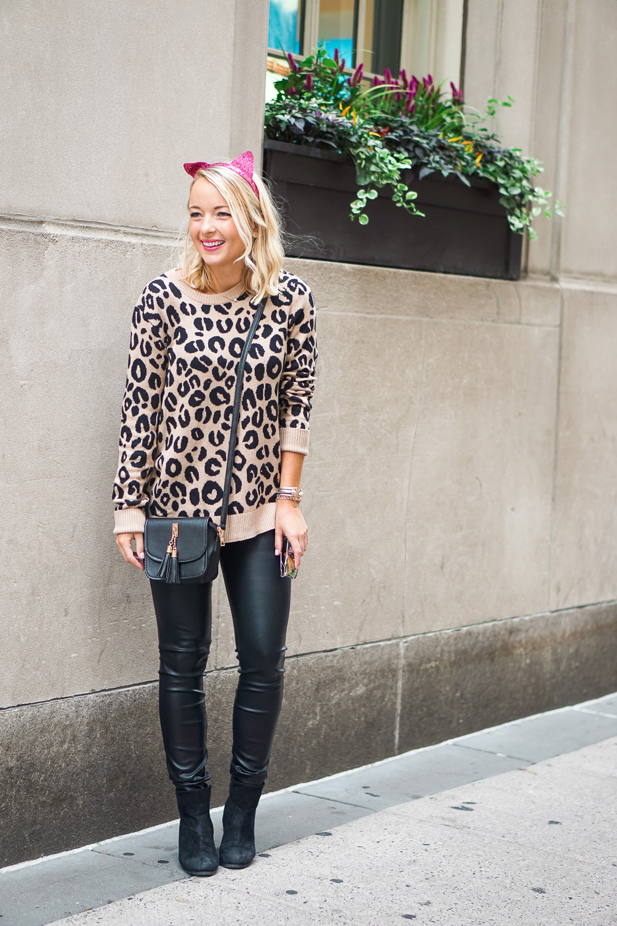Leopard sweater and black faux leather pants with pink sequin cat headband