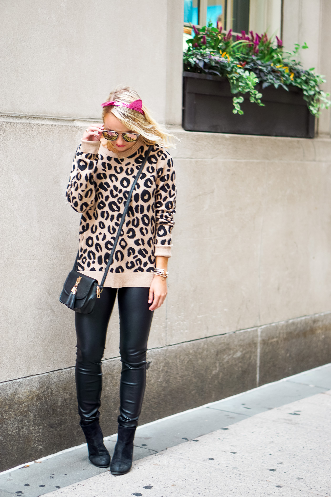 Leopard sweater and black faux leather pants with pink sequin cat headband