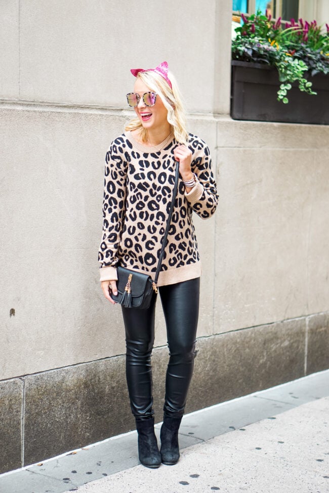 Leopard sweater and black faux leather pants with pink sequin cat headband