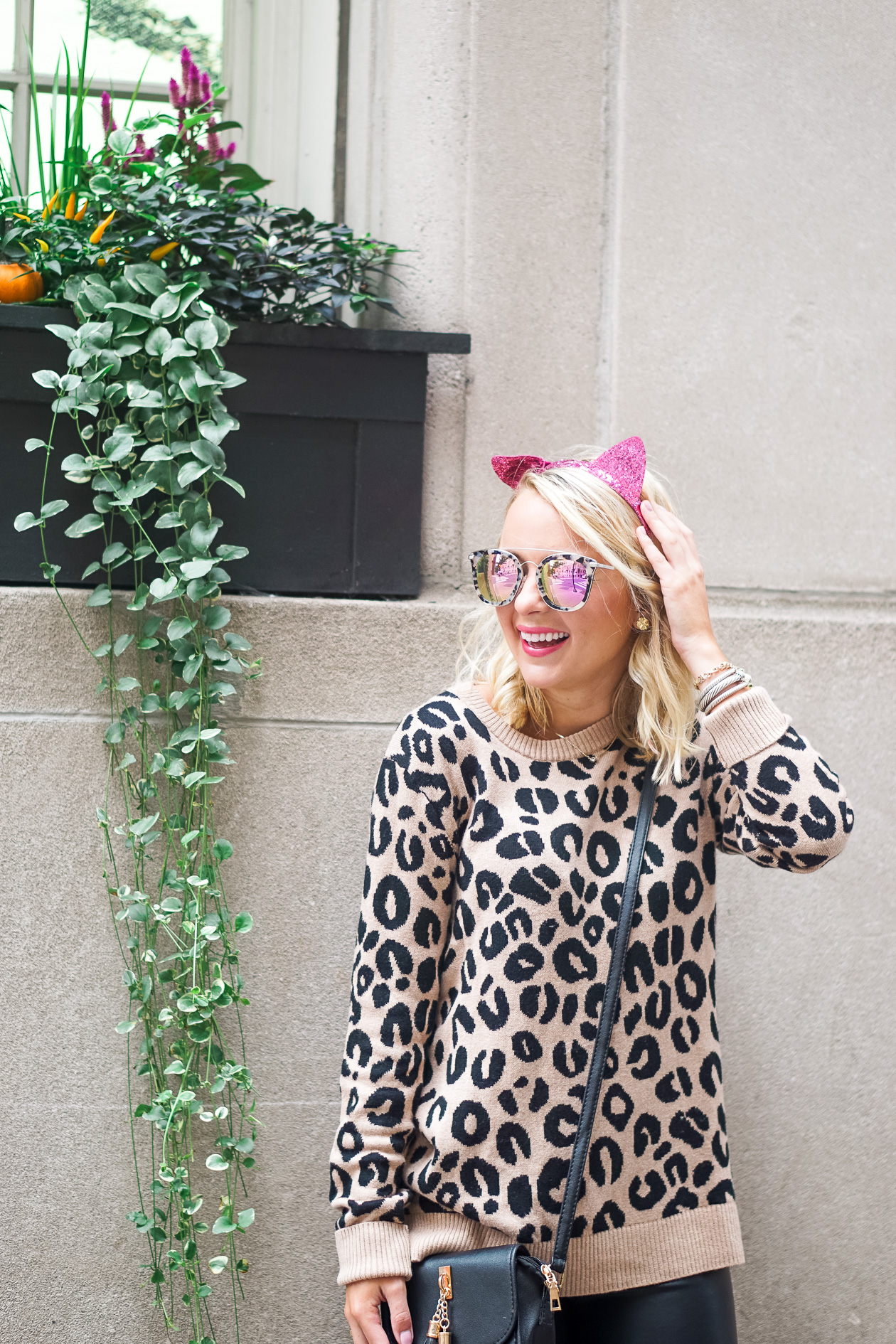 Leopard sweater and black faux leather pants with pink sequin cat headband