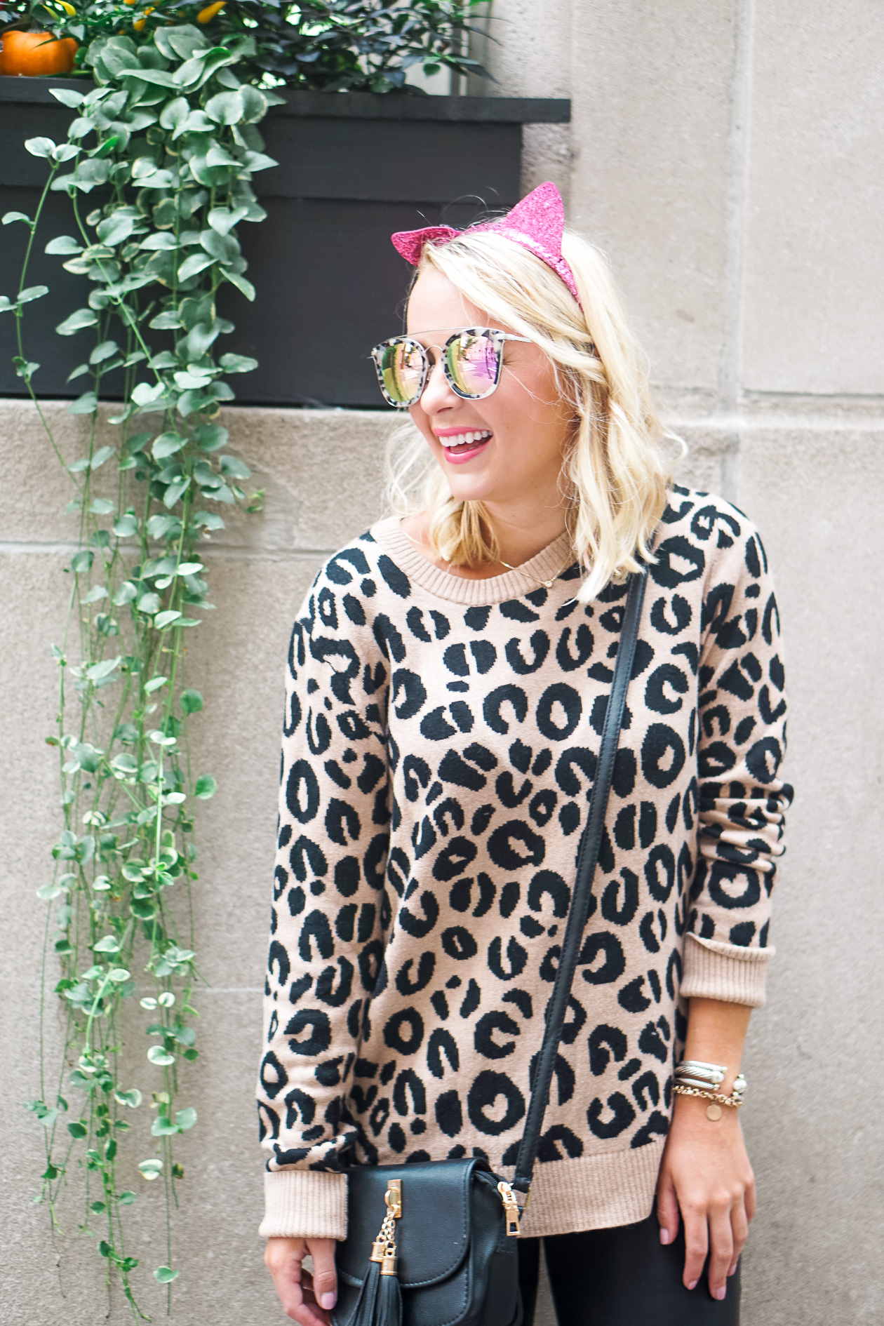 Leopard sweater and black faux leather pants with pink sequin cat headband