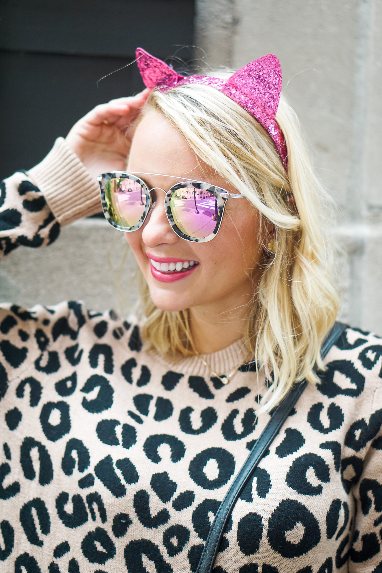 Leopard sweater and black faux leather pants with pink sequin cat headband
