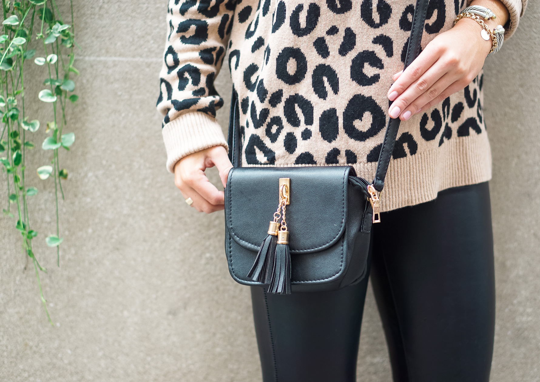 Leopard sweater and black faux leather pants with pink sequin cat headband