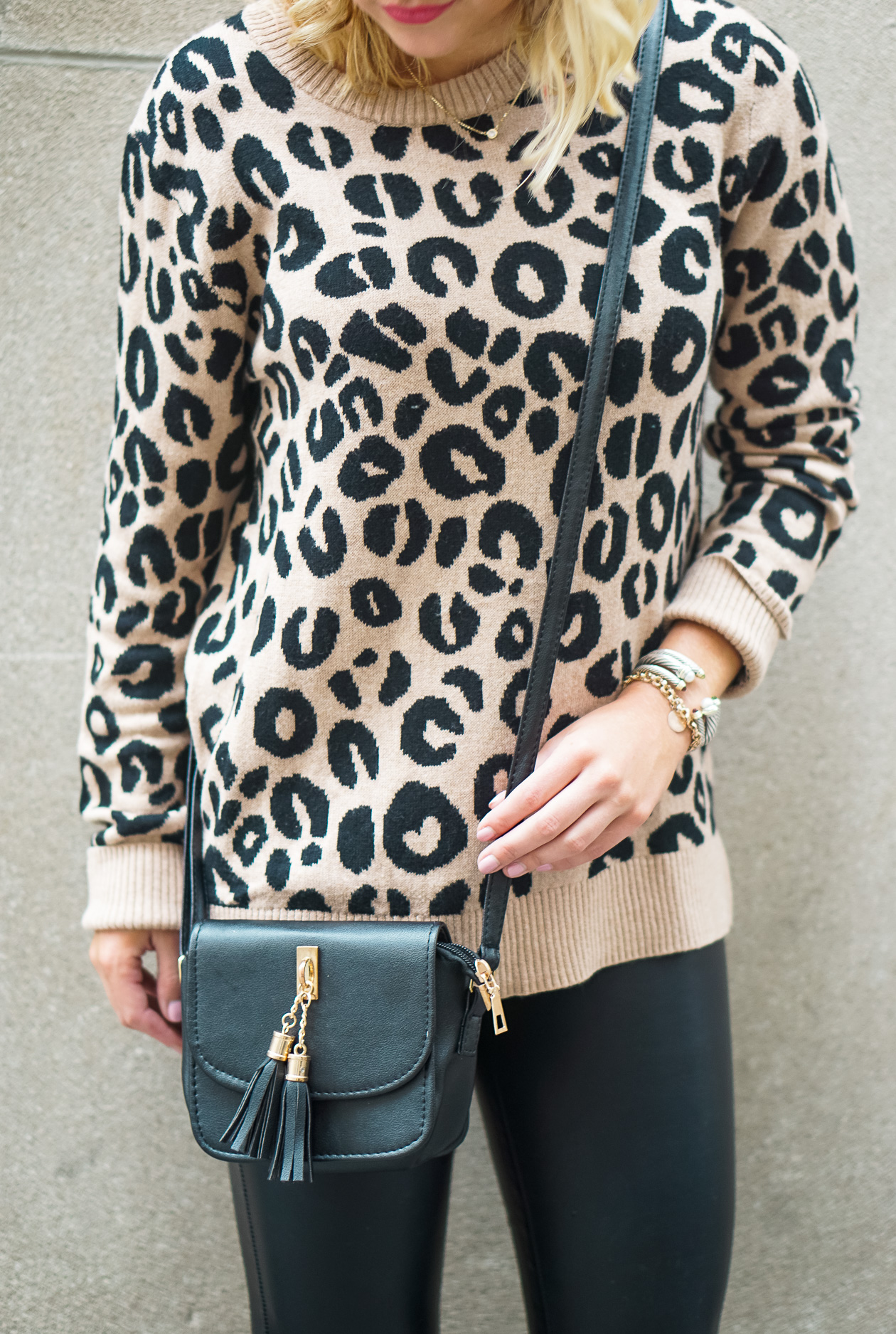 Leopard sweater and black faux leather pants with pink sequin cat headband