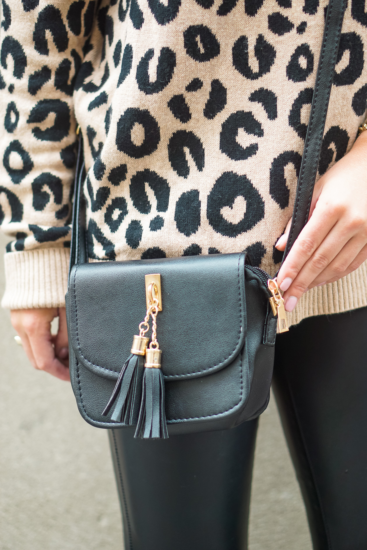 Leopard sweater and black faux leather pants with pink sequin cat headband
