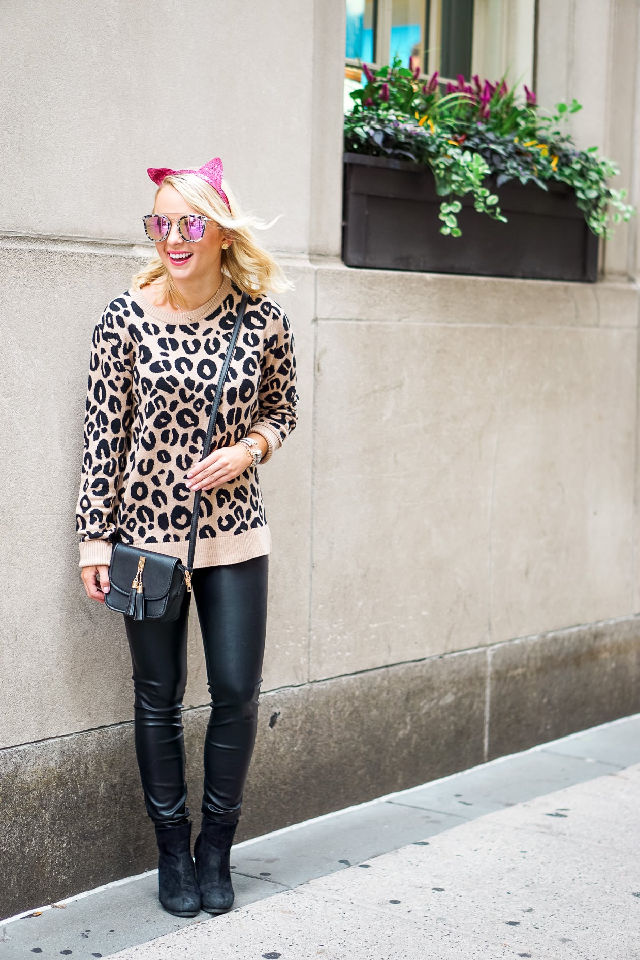 Leopard sweater and black faux leather pants with pink sequin cat headband
