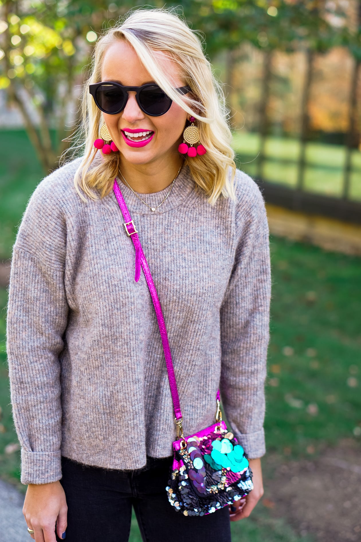 Free People sequin bag and olive green booties with Sugarfix by BaubleBar earrings