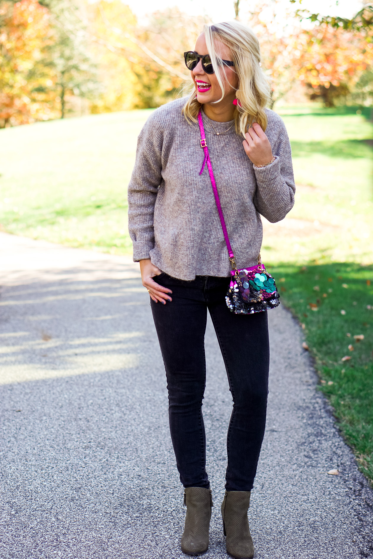 Free People sequin bag and olive green booties with Sugarfix by BaubleBar earrings