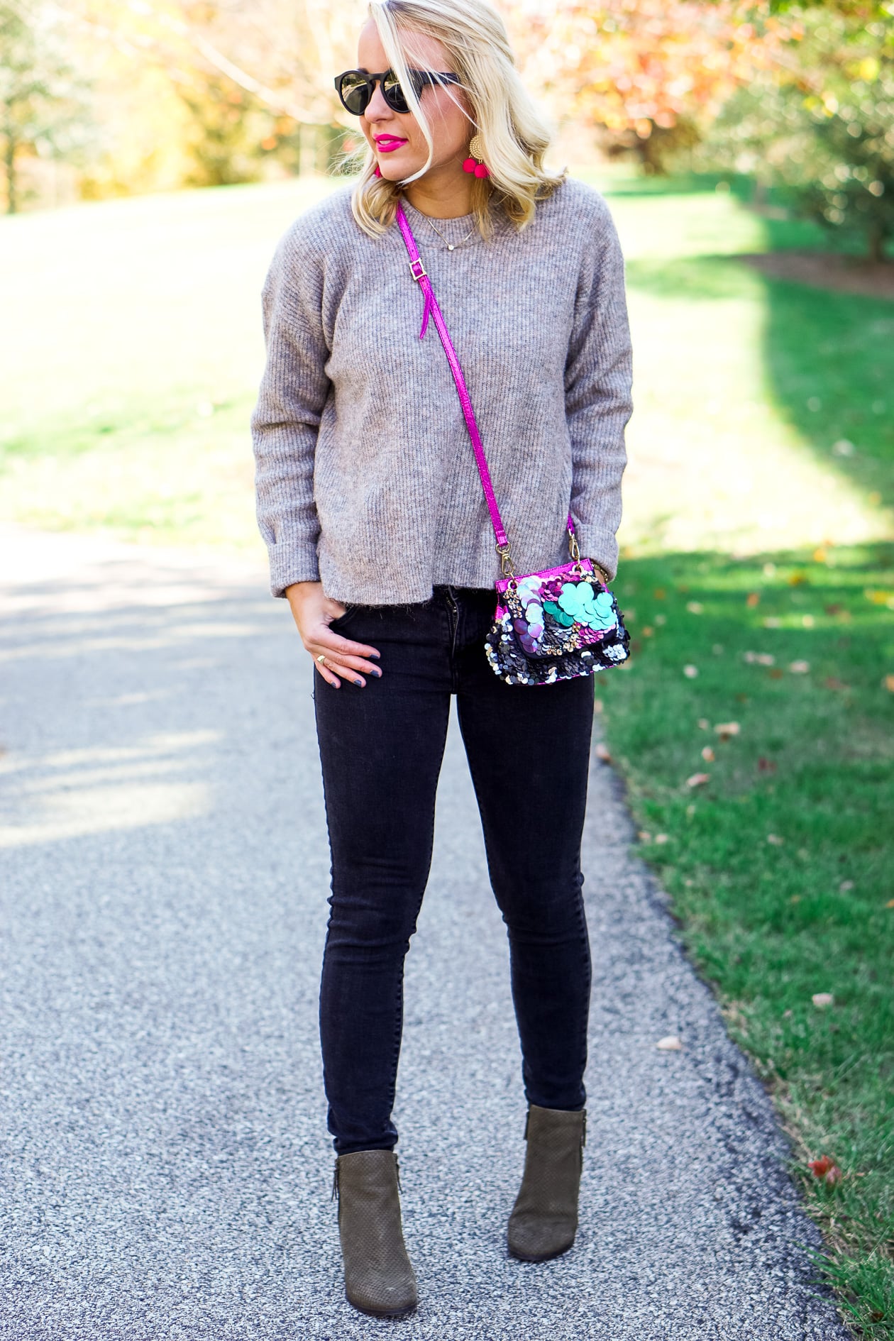 Free People sequin bag and olive green booties with Sugarfix by BaubleBar earrings