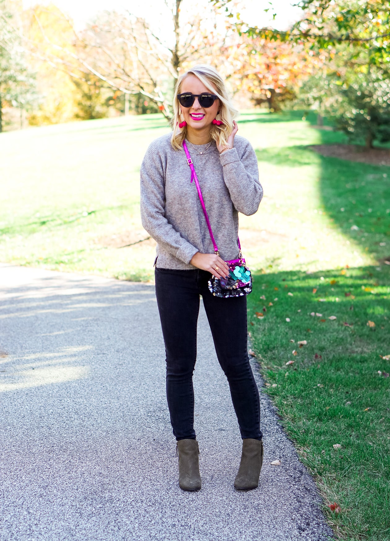 Free People sequin bag and olive green booties with Sugarfix by BaubleBar earrings