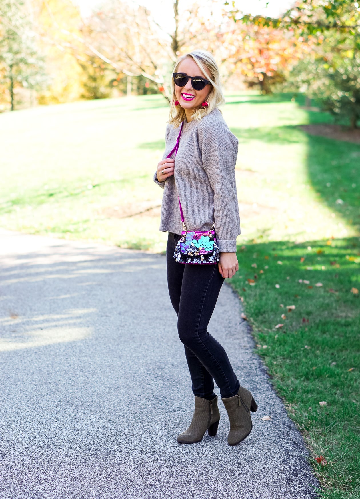 Free People sequin bag and olive green booties with Sugarfix by BaubleBar earrings
