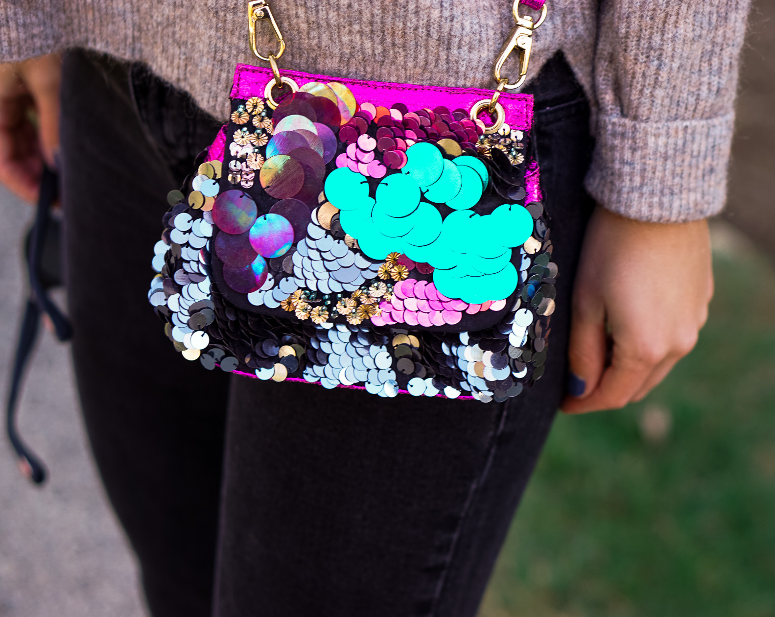 Free People sequin bag and olive green booties with Sugarfix by BaubleBar earrings