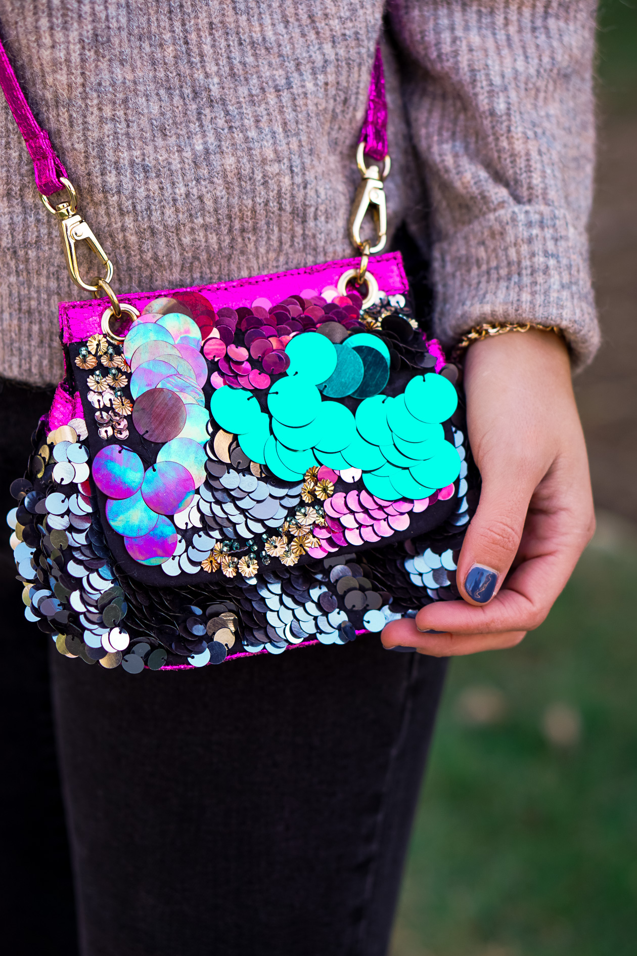 Free People sequin bag and olive green booties with Sugarfix by BaubleBar earrings