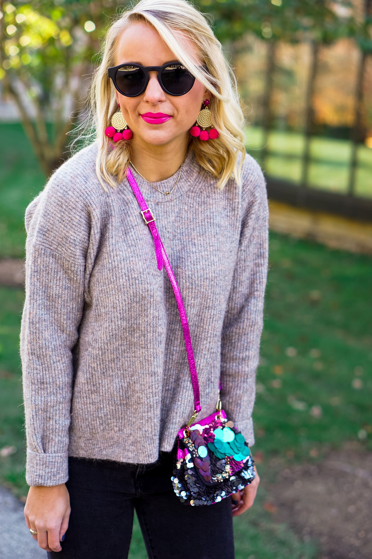 Free People sequin bag and olive green booties with Sugarfix by BaubleBar earrings