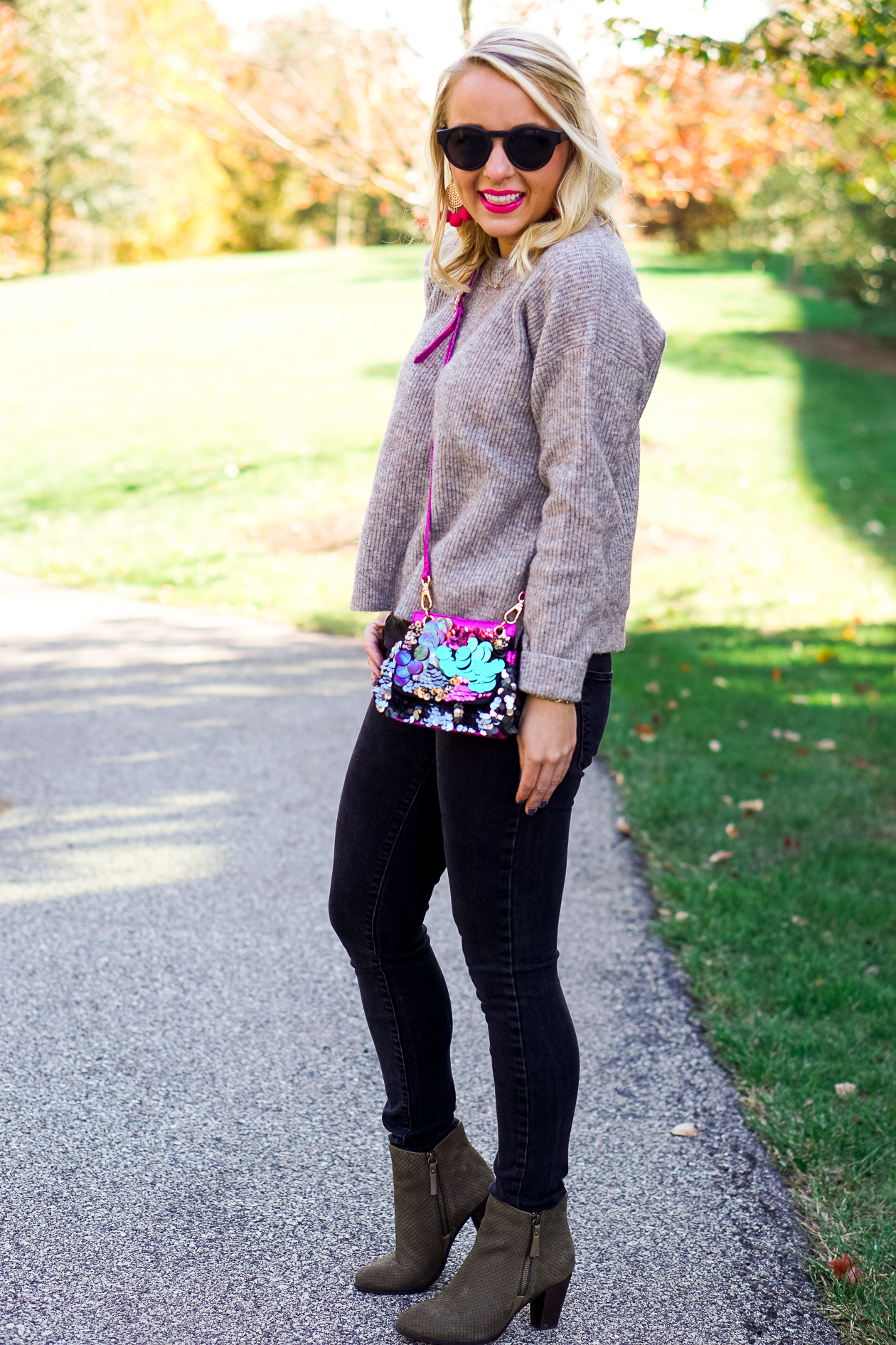 Free People sequin bag and olive green booties with Sugarfix by BaubleBar earrings