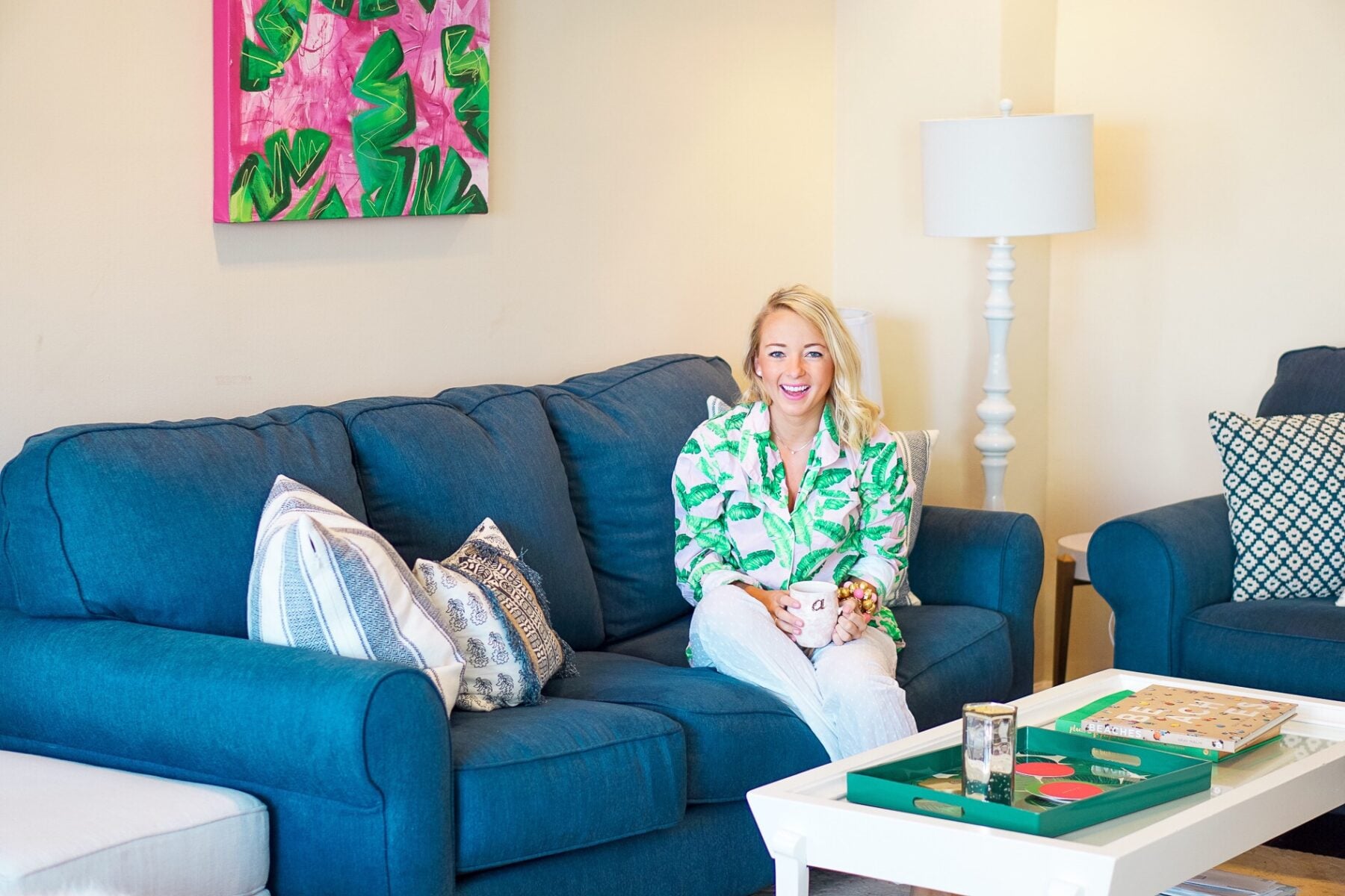 Banana leaf canvas with navy couch and banana leaf pajamas