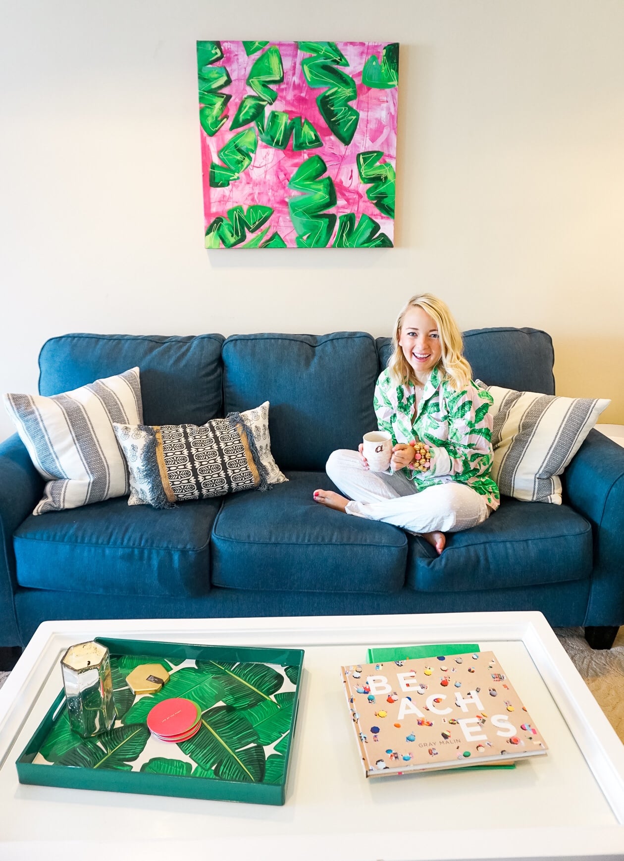 Banana leaf canvas with navy couch and banana leaf pajamas