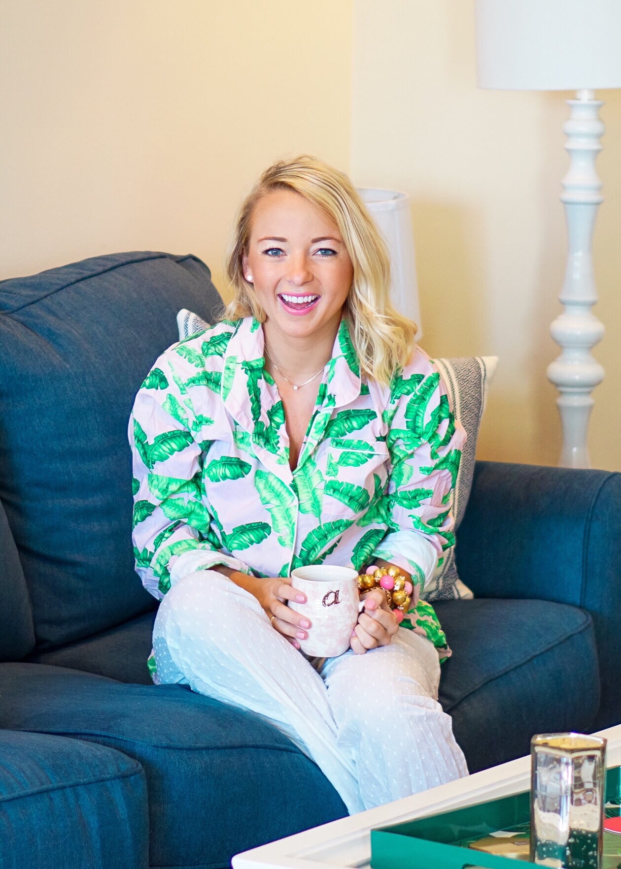 Banana leaf canvas with navy couch and banana leaf pajamas