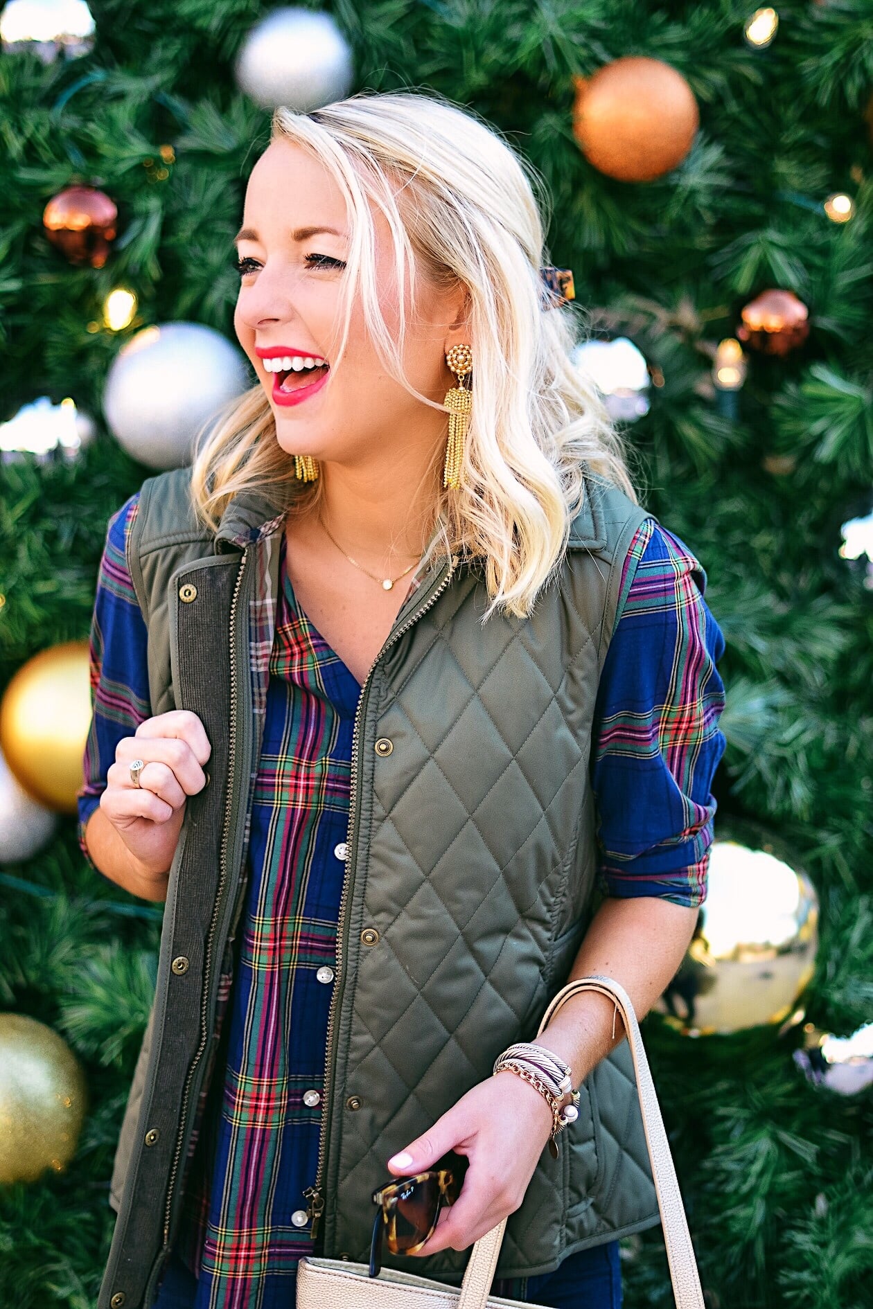 Plaid top and quilted vest with gold glitter flats