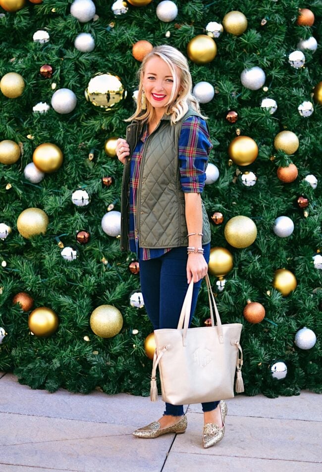 Plaid top and quilted vest with gold glitter flats