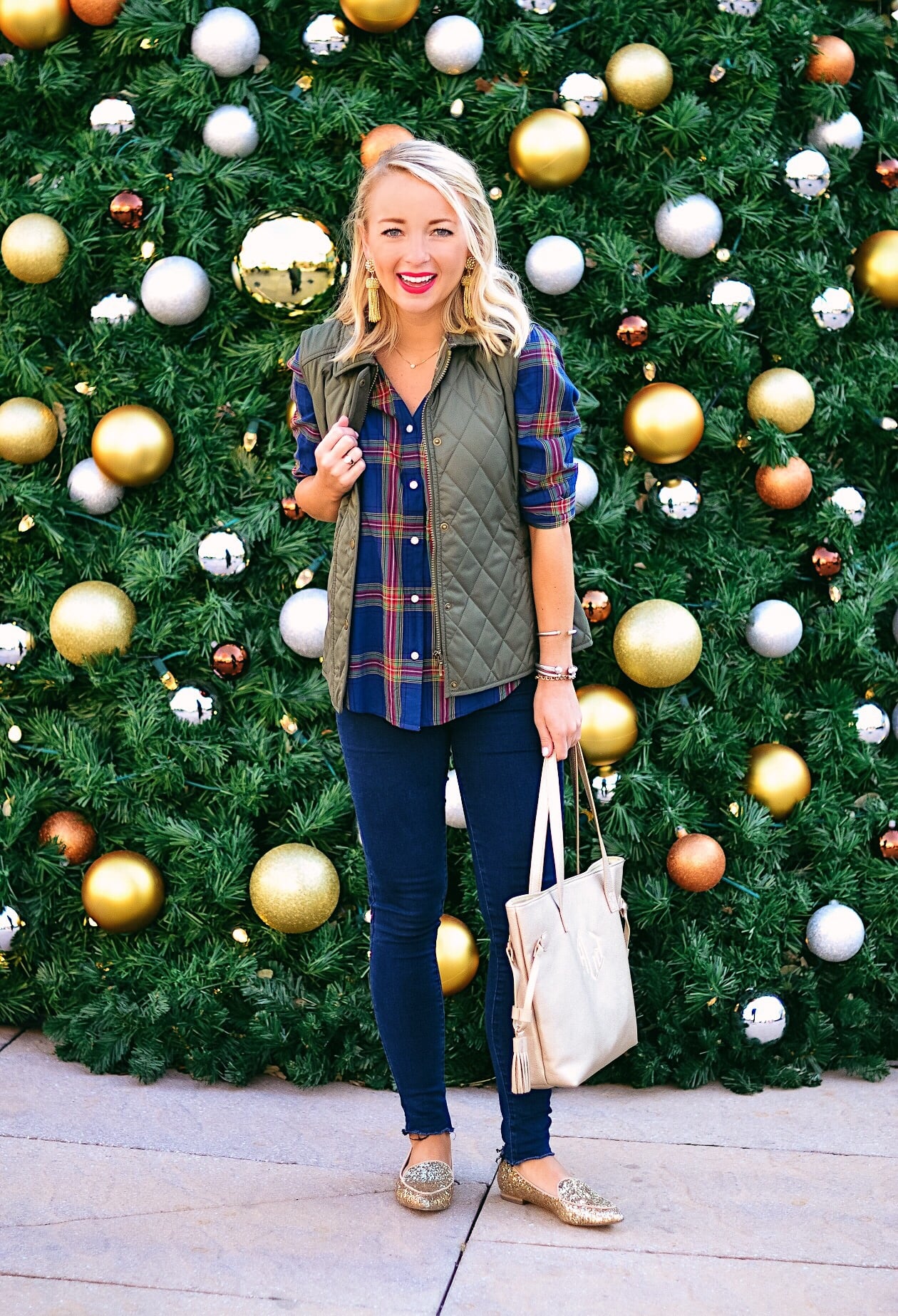 Plaid top and quilted vest with gold glitter flats