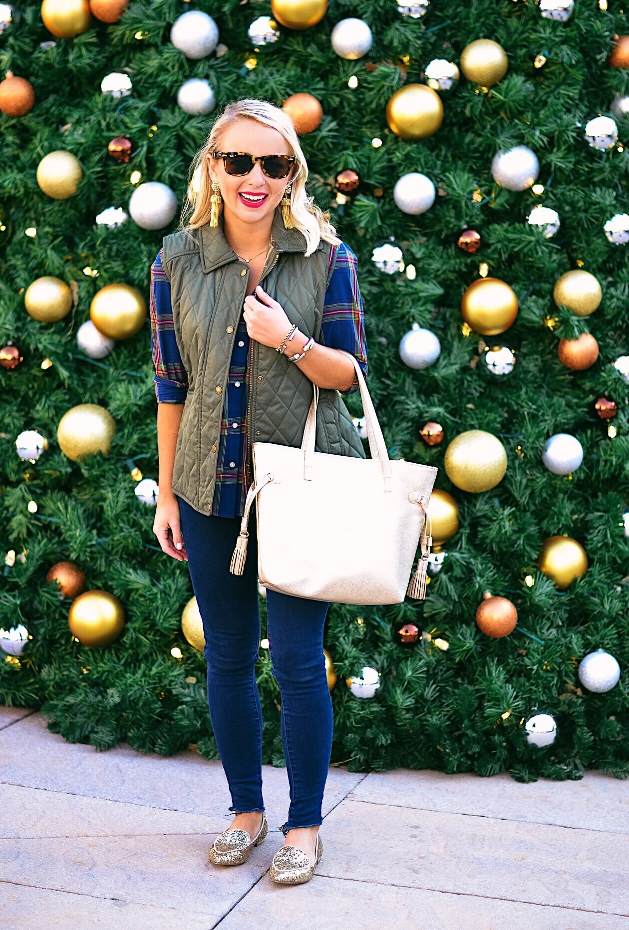 Plaid top and quilted vest with gold glitter flats