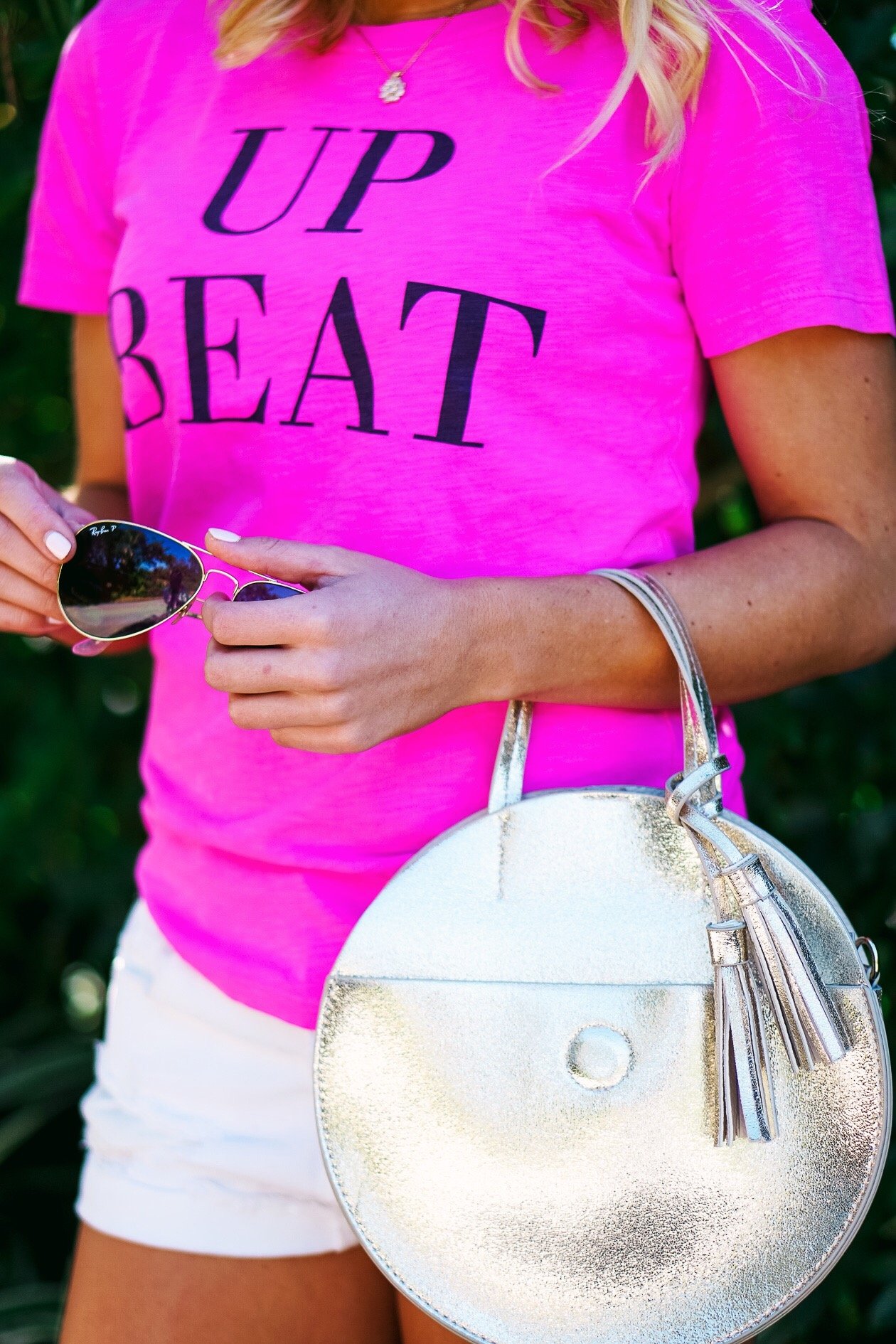 J Crew top and gold tassel bag