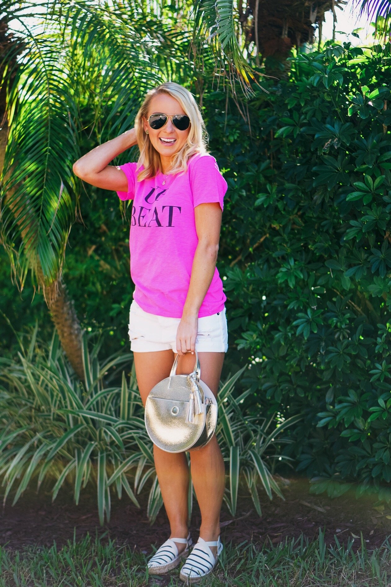 J Crew top and gold tassel bag