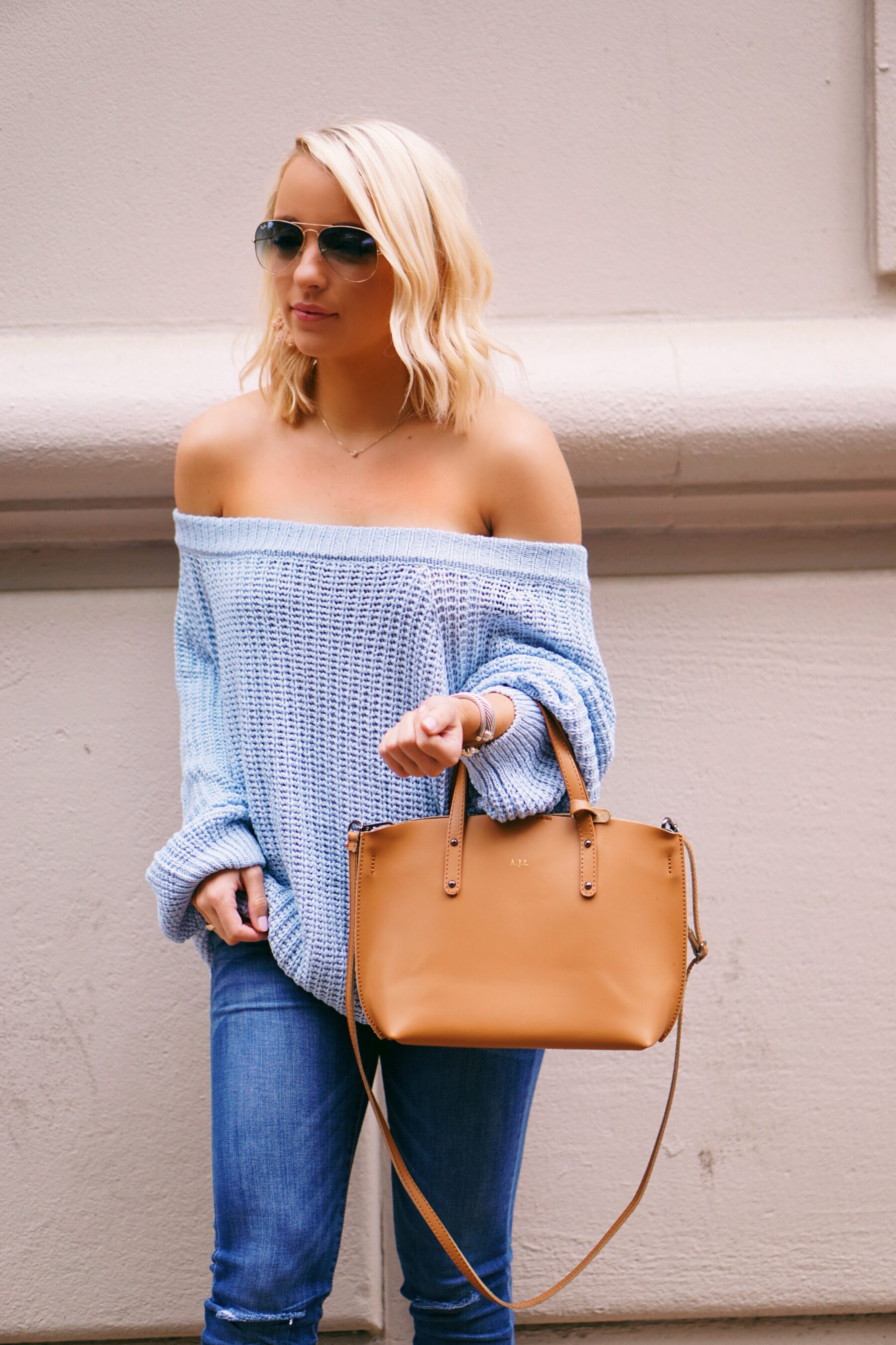 Red Dress Boutique blue off the shoulder sweater and raffia flats